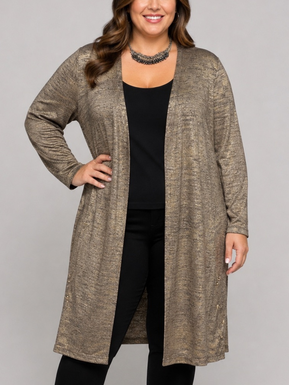 TANJAY Open Front Long Metallic Gold Cardigan Side Grommet Details